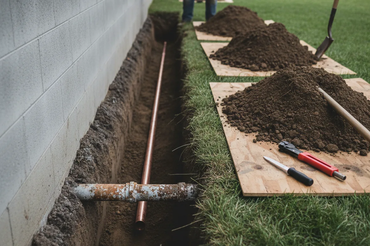Excavated water line trench during Water Softener Installation in Swaledale